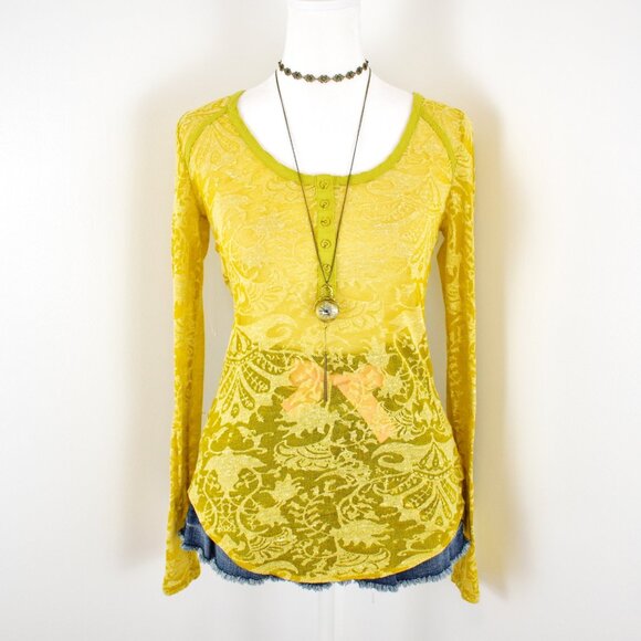 Intimately Free People Bitter Yellow Sheer Damask Burnout Long Sleeve Henley Top - Picture 4 of 7